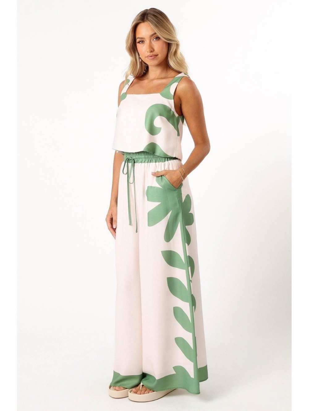 Petal & Pup Pale Pink and Green Tropical Print Crop Top & Wide Leg Set